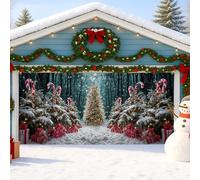 Winter Wonderland Housse de porte de garage - Motif sapin de Noël et canne à sucre d'orge - Décorations de vacances rouges et vertes - Décoration de Noël intérieure et extérieure - 397 x 180 cm