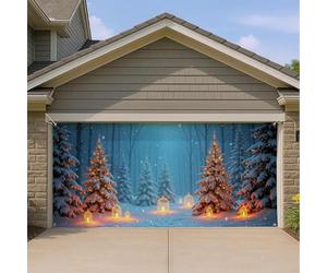 Winter Wonderland Housse de porte de garage, scène de forêt enneigée bleue avec lanternes, décorations extérieures de vacances pour Noël et Nouvel An, 397 x 180 cm