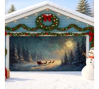 Winter Wonderland Housse de porte de garage, scène de nuit enneigée avec Père Noël et renne, décorations d'extérieur de Noël pour la saison des vacances, 397 x 180 cm
