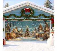 Winter Wonderland Housse de porte de garage, scène de village enneigé confortable, décorations de vacances, décoration de Noël festive pour la saison de Noël, 397 x 180 cm