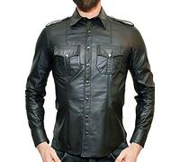 WINTEX Chemise de Police à Manches Longues en Cuir véritable pour Homme - Noir - Taille M