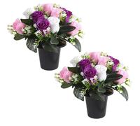 wintfarm Lot de 2 pots de fleurs artificielles pour tombe - 25 cm - Blanc rose violet - Pour décoration de cimetière - Bouquet funéraire et commémoratif (blanc rose violet)