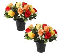wintfarm Lot de 2 pots de fleurs artificielles pour tombe - 25 cm - Rouge, orange, jaune - Pour décoration de cimetière - Faux bouquet commémoratif (rouge, orange, jaune)