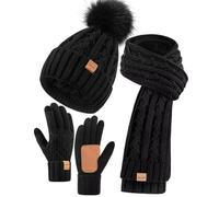 Winuesa Ensemble Bonnet, Écharpe et Gants pour Femme - Bonnet d'Hiver avec Pompon Doublé en Polaire Chaud, Gants pour Écran Tactile, Cache-Cou - Ensemble Cadeau 3 Pièces