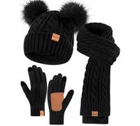 Winuesa Ensemble bonnet, écharpe et gants pour femme, bonnet d'hiver pour femme avec pompon doublé en polaire, bonnet à pompons, gants pour écran tactile, écharpe chauffe-cou, ensemble 3 en 1 pour