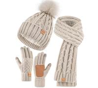 Winuesa Ensemble bonnet, écharpe et gants pour femmes, bonnet d'hiver pour femmes avec pompon doublé polaire chaud, bonnet à pompon gants écran tactile femmes écharpe cache-cou ensemble 3 en 1 pour