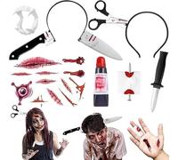 WINUSD Kit de 7 faux couteaux à travers la tête pour Halloween, costume de maquillage pour Halloween, cosplay, fête costumée, accessoires pour cheveux, accessoires d'Halloween avec 12 tatouages