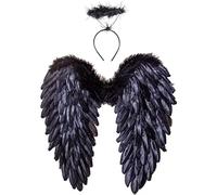Winwild Ailes d'ange avec auréole,Costume d'ailes d'ange et de Diable pour Les Femmes et Les Filles Enfants pour Halloween Carnaval Cosplay Party Déguisement fête costumée(Noir,45 x 45 cm)