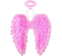 Winwild Ailes d'ange avec auréole,Costume d'ailes d'ange et de Diable pour Les Femmes et Les Filles Enfants pour Halloween Carnaval Cosplay déguisement fête costumée(Rose,45 x 45 cm)