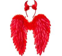 Winwild Ailes d'ange avec Cornes de Diable,Costume d'ailes d'ange et de Diable déchu pour Femmes et Filles Enfants pour Halloween Carnaval Cosplay fête costumée déguisement(Rouge,45 x 45 cm)