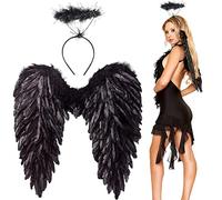 Winwild Ailes d'ange avec Halo, Costume d'ailes d'ange et de Diable Femme, Costume de fée Adulte pour Halloween Carnaval Cosplay Fête Déguisement Fête Déguisement (Noir, 60 x 60 cm)