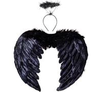 Winwild Ailes d'ange Noir avec auréole Ailes d'ange Amour Enfants Costume d'ange Plume Ailes Sombre Costume d'ange Enfants Halloween Carnaval Cosplay Accessoires(45CM×35CM)