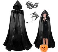 Winwild Cape Halloween Femme avec Accessoires Masque & Chaîne de Doigt,140/150/170cm Cape noire avec capuche Costume Halloween Vampire Cape Noir Satin Cape Dark Vador Costume Vampire Adulte