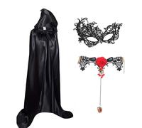 Winwild Cape noire avec capuche,set de 3 cape Halloween costume femme,160cm Dark Vador cape vampire avec masque & chaîne gothique doigt,cape en satin costume Halloween costume vampire adulte
