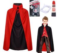 Winwild Costume de vampire, 3 pièces, pour Halloween, 90 cm, avec dents de vampire et sang artificiel, cape, pour Halloween, de 5 à 8 ans, noir et rouge, cape de vampire, costume de Dracula, pour