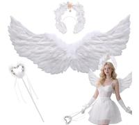 Winwild Ensemble d'ailes d'ange Blanc de Luxe, Ailes d'ange de 80 cm avec auréole rêveuse pour Adultes et Enfants, Costume d'anges d'halloween pour Femmes, Blanches pour Carnaval, fête, déguisement
