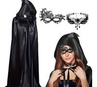 Winwild Set de 3 cape de costume d'Halloween,120CM Cape noire avec capuche & masque & collier,Halloween Dark Vador Vampire Cape Costume Enfants Halloween Cape Satin pour les fêtes de carnaval