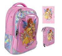 Winx Sac à dos d'école pour filles, version ronde, organisé, 3 compartiments zippés, trousse à 3 niveaux complète de papeterie, agenda 2026/2027, kit stylos et porte-clés