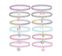 WINXMIN 12 PCS Tour de cou Collier pour enfants filles, pendentif breloque licorne arc-en-ciel panda chat cœur fleur sirène tour cou tatouage henné élastique, Cadeaux nouveau semestre rentrée scolaire