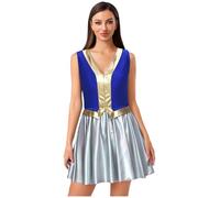winying A-Ligne Robe Femme Costume Halloween Princesse Arabe Sans Manches Décolleté V Brillant Robe pour Soirée Carnaval Festival Bleu XXL