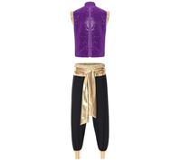winying Costume Arabe Génie Homme Costume Sheikh Caftan Arabe Tenue Orientale Avec Éléments Dorés Carnaval Halloween Violet Noir XL
