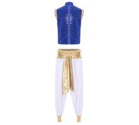 winying Costume Arabe Génie Homme Costume Sheikh Caftan Arabe Tenue Orientale Avec Éléments Dorés Carnaval Halloween Bleu Blanc 3XL
