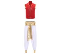 winying Costume Arabe Génie Homme Costume Sheikh Caftan Arabe Tenue Orientale Avec Éléments Dorés Carnaval Halloween Rouge Blanc XL
