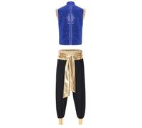 winying Costume Arabe Génie Homme Costume Sheikh Caftan Arabe Tenue Orientale Avec Éléments Dorés Carnaval Halloween Bleu Noir L