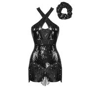 winying Costume De Danse Jazz Latin pour Femmes Leotard Corps Entier avec Paillettes Et Franges Assorti Dun Lien pour Cheveux Et Dun Headdress Noir L