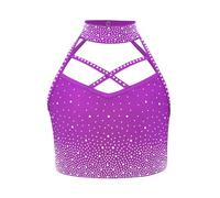 winying Crop Top Dance Classique Enfant T-Shirt Patinage Artistique avec Strass Soutien Gorge Danse du Ventre Robe Danse Latine Jazz Performance Violet 11-12 Ans