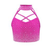 winying Crop Top Dance Classique Enfant T-Shirt Patinage Artistique avec Strass Soutien Gorge Danse du Ventre Robe Danse Latine Jazz Performance Rose Vif 11-12 Ans