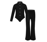 winying Enfant Garçon Fille Justaucorps Danse Gymnastique Ensemble de Latine Valse Tango Léotard Bodysuit Manche Longue et Legging Tenue de Patinage Artistique Noir 8 Ans