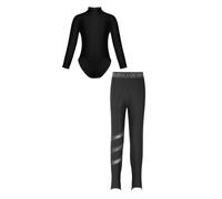 winying Enfant Garçon Fille Justaucorps Danse Gymnastique Ensemble de Latine Valse Tango Léotard Bodysuit Manche Longue et Legging Tenue de Patinage Artistique Z1 Noir 12 Ans