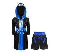 winying Enfants Garçons Filles Costume De Boxe Veste À Manches Longues en Satin Cape À Capuche avec Ceinture Et Appliqué Shorts De Boxeur Brillants Noir Bleu 5-6 Ans