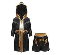 winying Enfants Garçons Filles Costume De Boxe Veste À Manches Longues en Satin Cape À Capuche avec Ceinture Et Appliqué Shorts De Boxeur Brillants Or Noir 7-8 Ans