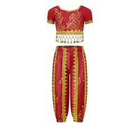 winying Fille Costume Danse Du Ventre Enfant Tenue Danse Oriental Déguisement Carnaval Halloween Pantalon Harem Et Crop Top À Paillettes Manches Courtes Rouge 2 pièces/ensemble 5-8 ans