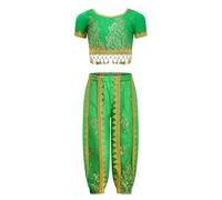 winying Fille Costume Danse Du Ventre Enfant Tenue Danse Oriental Déguisement Carnaval Halloween Pantalon Harem Et Crop Top À Paillettes Manches Courtes Vert 2 pièces/ensemble 8-12 Years