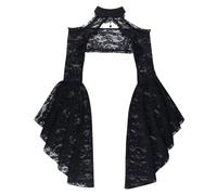winying Gothique Steampunk Bolero Châle Manche Trompette Col Droit Crop Top Dentelle Filet Couverture Bolero Noir S