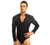 winying Justaucorps Danse Latine Jazz Tango Moderne Homme Bodys T-Shirts Soirée Cocktail Bal Fête Combinaison Manches Longues Col V Tops Bodysuit Strass Pailleté M-XXL Noir Large