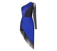 winying Robe De Bal Latino À Franges Pompons Femme Justaucorps De Danse Classique Une Épaule avec Shorty Shorts Tenue Jazz Samba Rumba Salsa Vêtements Danse Bleu Royal M