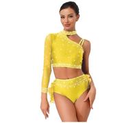 winying Robe De Danse Lyrique Classique Contemporaine Femme Une Épaule Crop Top De Ballet avec Jupe Strass Robe De Patinage Artistique Costume Samba Salsa Jaune L