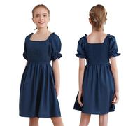 winying Robes Dété pour Filles Robes De Jeu À Manches Bouffantes Vêtements De Loisirs pour Vacances Bleu Marine 3-4 Ans