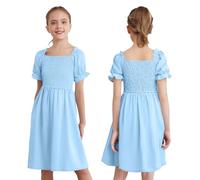 winying Robes Dété pour Filles Robes De Jeu À Manches Bouffantes Vêtements De Loisirs pour Vacances Bleu 3-4 Ans