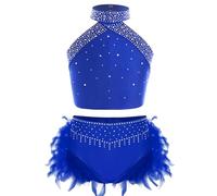 winying Tenue Danse Classique Moderne Enfant Top Crop Danse Jazz Hip Hop Débardeur + Jupe Plumes Tenue De Patinage Artistique Bleu 11-12 Ans