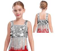 winying Top Court pour Danse De Ballet pour Filles Hiphop Jazz Latin Tshirt À Franges Costume De Performance Teeshirt De Gymnastique Argent 15-16 Ans