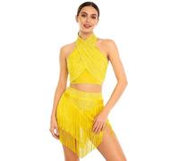winying Vêtement Danse Latino pour Femme Costume Danse du Ventre Paillettes sous Vêtement Sport Crop Top Et Jupe Franges Habit Samba Rumba Salsa pour Spectacle Jaune XL