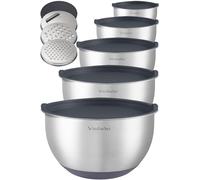 Winzbacher Lot de 5 saladiers en acier inoxydable avec couvercle - 1 l + 1,5 l + 2,5 l + 3,5 l + 4,5 l - Saladier - Antidérapant - Empilable - Passe au lave-vaisselle - Avec râpe