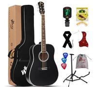 Winzz Guitare Acoustique/Folk Noire Adulte 4/4 Débutant, avec Sac, Accordeur, Sangle, Plectres, Cordes Supplémentaires et Support pour Guitare (Taille 41", Matte)