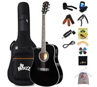 Winzz Guitare électro-acoustique folk 4/4 pour débutants et enfants à partir de 12 ans (gaucher noir)
