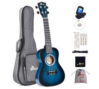 Winzz Ukulélé de Concert Débutant Set pour Enfants et Adultes, Design de Couleur Unique, avec Housse, Accordeur, Cordes Supplémentaires, Sangle, Autocollants de Notes (Bleu Vintage, 58 cm)